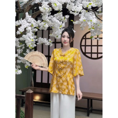 Set đồ lam đi chùa cổ V tay tiên khuy tết - Thiết kế điệu đà, giá ưu đãi 253.500đ