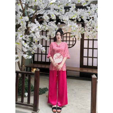 Set đồ lam đi chùa cổ V tay tiên khuy tết - Thiết kế điệu đà, giá ưu đãi 253.500đ