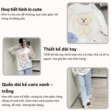 Set đồ ngủ nữ dài tay Lily thun mềm in poodle và quần caro xanh, giá ưu đãi 279k 2
