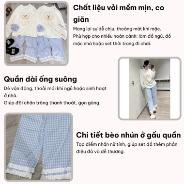 Set đồ ngủ nữ dài tay Lily thun mềm in poodle và quần caro xanh, giá ưu đãi 279k 3