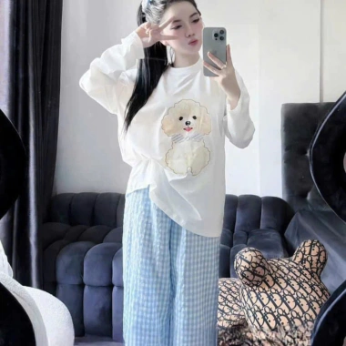 Set đồ ngủ nữ dài tay Lily thun mềm in poodle và quần caro xanh, giá ưu đãi 279k 5