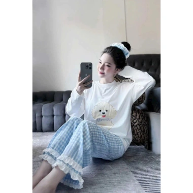 Set đồ ngủ nữ dài tay Lily thun mềm in poodle và quần caro xanh, giá ưu đãi 279k 6