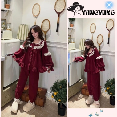 Set Đồ Ngủ Nữ Dài Tay Vintage Ren - Pyjama Cao Cấp Màu Đỏ Giá 299k
