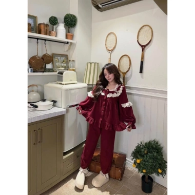 Set Đồ Ngủ Nữ Dài Tay Vintage Ren - Pyjama Cao Cấp Màu Đỏ Giá 299k