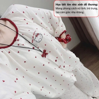 Set đồ ngủ nữ pijama thu đông tay dài rộng, họa tiết hoạt hình tim xinh xắn 278.900VND