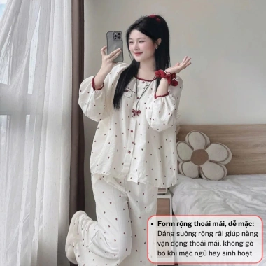 Set đồ ngủ nữ pijama thu đông tay dài rộng, họa tiết hoạt hình tim xinh xắn 278.900VND