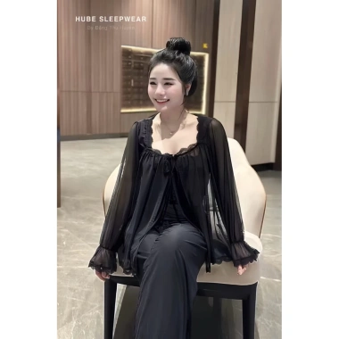 Set Đồ Ngủ Thun Lưới Mềm Mịn: Áo 2 Dây, Áo Khoác Lưới, Quần Dài 2 Lớp - Giá 299.000 VND
