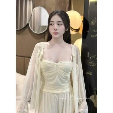 Set Đồ Ngủ Thun Lưới Mềm Mịn: Áo 2 Dây, Áo Khoác Lưới, Quần Dài 2 Lớp - Giá 299.000 VND
