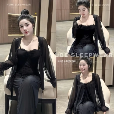 Set Đồ Ngủ Thun Lưới Mềm Mịn: Áo 2 Dây, Áo Khoác Lưới, Quần Dài 2 Lớp - Giá 299.000 VND