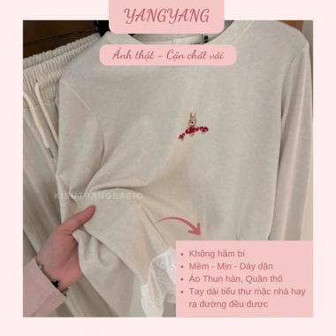 Set Đồ Nữ Áo Thun Dài tay Babydoll Viền Bèo + Quần Bo Chun Be Sáng Da - Giá 239k