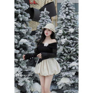Set đồ nữ áo trễ vai ren đính hoa, chân váy dáng bí 3 màu Noel Fizano HCOM3.644 7