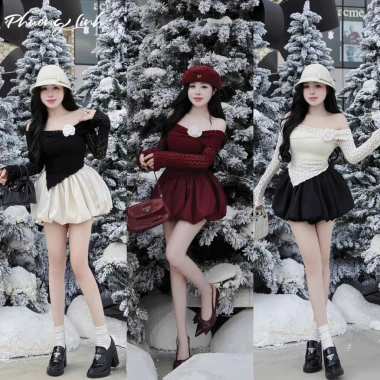 Set đồ nữ áo trễ vai ren đính hoa, chân váy dáng bí 3 màu Noel Fizano HCOM3.644 9