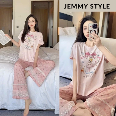 Set đồ nữ bộ mặc nhà cộc dài áo tay dơi in hình dễ thương, thun mát màu hồng, siêu xinh - chỉ 199.000 VND