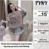 Set đồ nữ dễ thương áo phông rộng in hellokity, short phối ren 3 màu, ưu đãi 189k