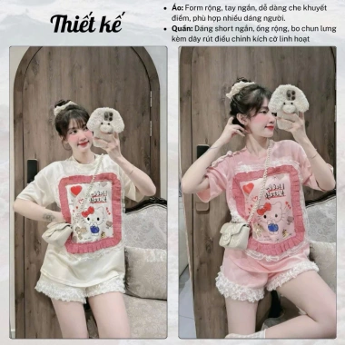 Set đồ nữ dễ thương áo phông rộng in hellokity, short phối ren 3 màu, ưu đãi 189k 2