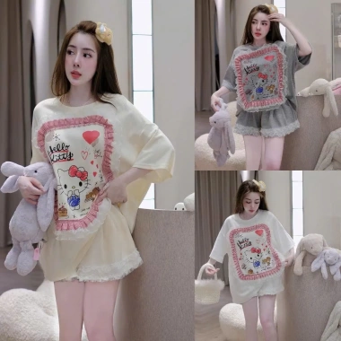 Set đồ nữ dễ thương áo phông rộng in hellokity, short phối ren 3 màu, ưu đãi 189k 5