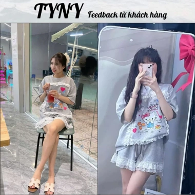 Set đồ nữ dễ thương áo phông rộng in hellokity, short phối ren 3 màu, ưu đãi 189k 9