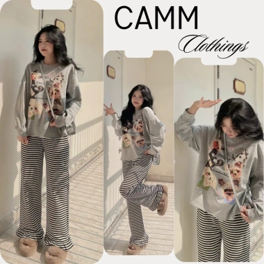 Set Đồ Nữ HCOM3.623 CAMM: Áo in cún, quần kẻ suông, gấu bèo, mặc nhà 199k