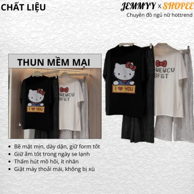 Set Đồ Nữ Hello Kitty Áo Thun Form Rộng Quần Dài Suông Dễ Thương Mặc Nhà HCOM27.008