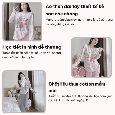 Set đồ nữ LILY HCOM26.659 - Áo thun kẻ họa tiết dài tay + quần suông siêu xinh thu đông, giảm giá 248k 3
