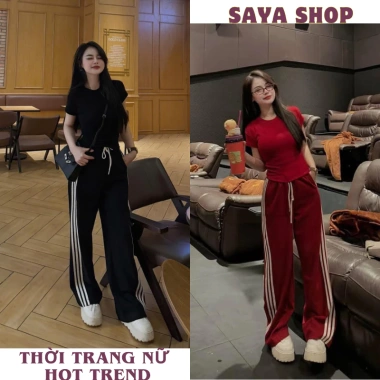 Set đồ nữ mặc nhà áo thun basic mix quần ông suông viền sọc xinh - SaYa Shop HCOM25.171 129k