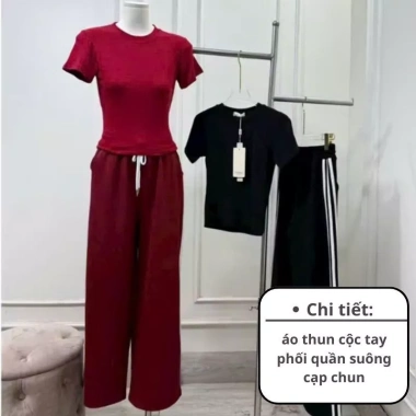 Set đồ nữ mặc nhà áo thun basic mix quần ông suông viền sọc xinh - SaYa Shop HCOM25.171 129k