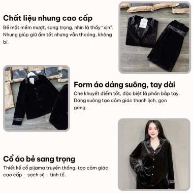 Set đồ nữ nhung tay dài cổ bẻ, pijama cao cấp form rộng mềm mịn, thoải mái tại nhà – HCOM3.047