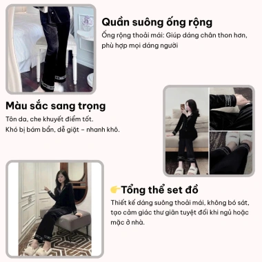 Set đồ nữ nhung tay dài cổ bẻ, pijama cao cấp form rộng mềm mịn, thoải mái tại nhà – HCOM3.047
