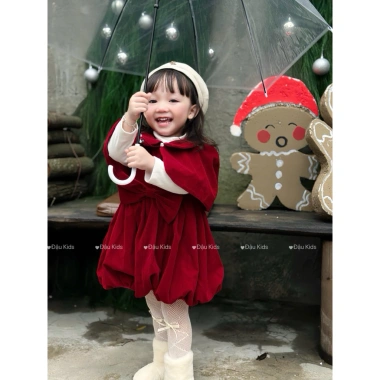 Set đồ Tết bé gái Đậu Kids váy nhung đỏ cúc bọc + áo choàng 9‑29kg, chỉ 162k