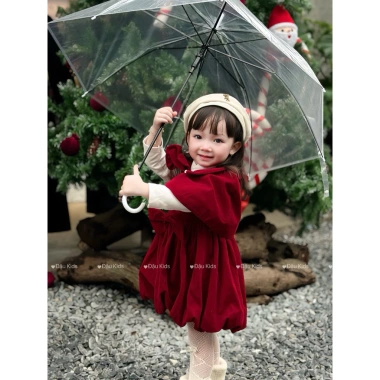 Set đồ Tết bé gái Đậu Kids váy nhung đỏ cúc bọc + áo choàng 9‑29kg, chỉ 162k