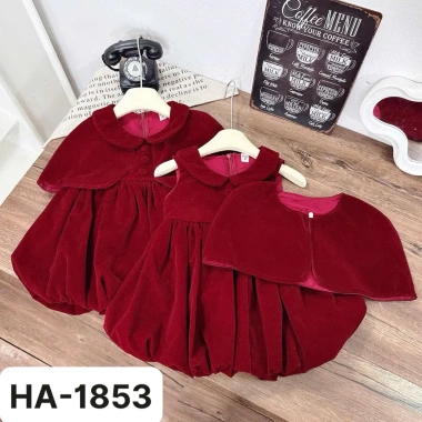 Set đồ Tết bé gái Đậu Kids váy nhung đỏ cúc bọc + áo choàng 9‑29kg, chỉ 162k