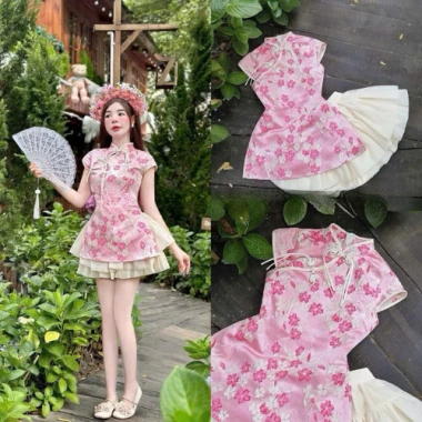 Set đồ Tết và đi Chùa Áo Gấm hoa cổ tàu, phụ kiện chân váy Tơ 2 tầng với quần trong 6