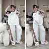 Set đồ thể thao nữ nỉ dày áo khoác zip sọc đỏ xanh rộng quần dài - Giá 289.000₫