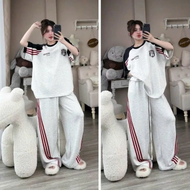 Set đồ thể thao nữ nỉ dày áo khoác zip sọc đỏ xanh rộng quần dài - Giá 289.000₫