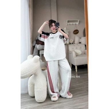 Set đồ thể thao nữ nỉ dày áo khoác zip sọc đỏ xanh rộng quần dài - Giá 289.000₫