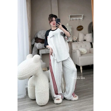 Set đồ thể thao nữ nỉ dày áo khoác zip sọc đỏ xanh rộng quần dài - Giá 289.000₫