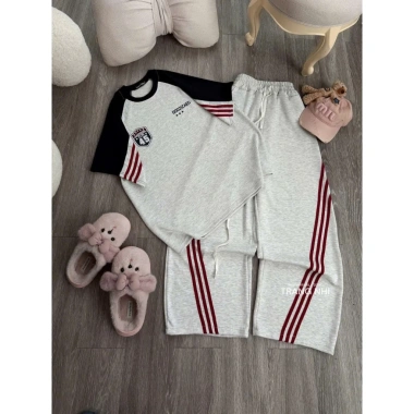 Set đồ thể thao nữ nỉ dày áo khoác zip sọc đỏ xanh rộng quần dài - Giá 289.000₫