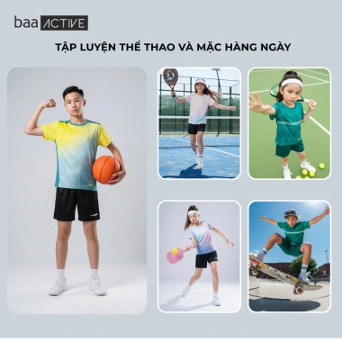 Set đồ thun thể thao pickleball siêu nhẹ cho bé 18-52kg, mát thoáng khí Baa Active QU46N