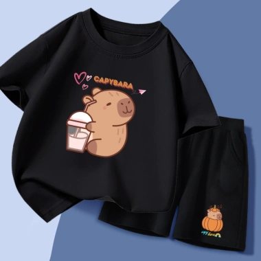 Set đồ thun trẻ em Capybara uống trà sữa Áo + quần cộc tay cotton 15-40kg giá ưu đãi 169.000