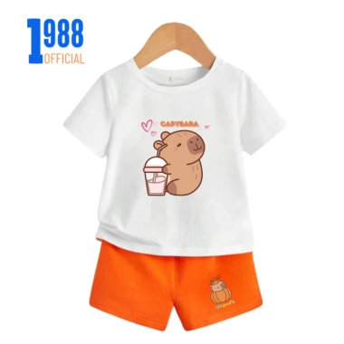 Set đồ thun trẻ em Capybara uống trà sữa Áo + quần cộc tay cotton 15-40kg giá ưu đãi 169.000 5