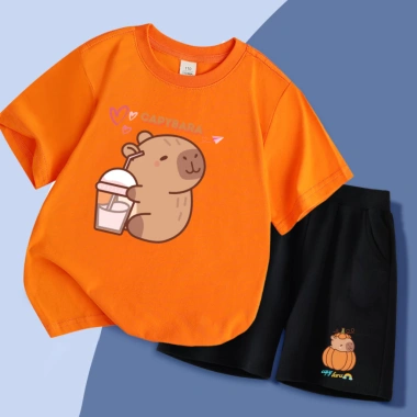 Set đồ thun trẻ em Capybara uống trà sữa Áo + quần cộc tay cotton 15-40kg giá ưu đãi 169.000 9