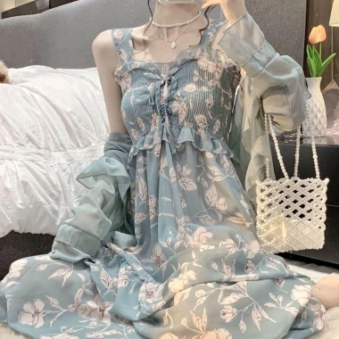 Set đồ ZHELIHANGFEI: Đầm voan hoa + Áo khoác dài thời trang thanh lịch - Giá chỉ 204.000đ