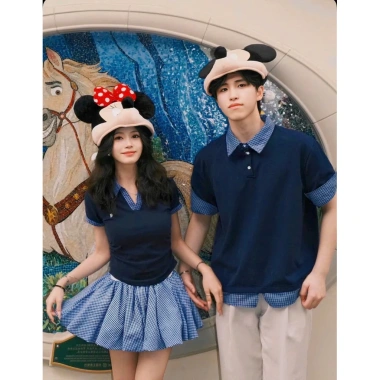 Set đôi 3 món: Áo nam nữ cổ sơmi carro xanh đen + Chân váy bí phồng sọc siêu cute - Giá chỉ 381.000 VND