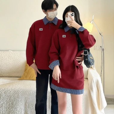 Set Đôi Nữ Áo và Chân Váy Đỏ Đô Tay Dài Nỉ ấm Đông Xuân Caro Xanh Dương - Forever Couple