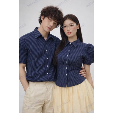 Set Đôi Sơmi Nam Nữ Thắt Eo Sau Lưng Sọc Xanh Than Cotton Linen Siêu Dễ Thương 142.000 VND