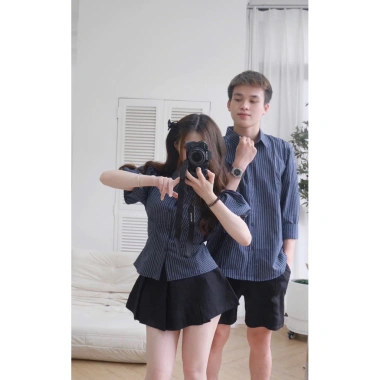 Set Đôi Sơmi Nam Nữ Thắt Eo Sau Lưng Sọc Xanh Than Cotton Linen Siêu Dễ Thương 142.000 VND