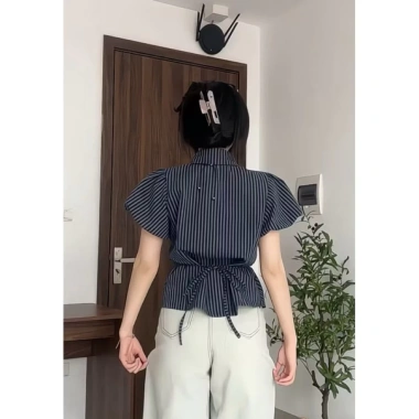 Set đôi sơmi nam và áo nữ thắt dây lưng tay phồng sọc xanh thẫm - Bigsize 90kg - Giá 160.000₫ 6