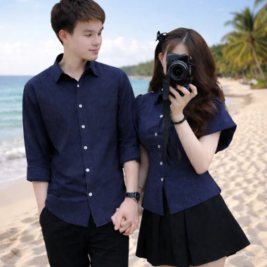 Set đôi sơmi nam và áo nữ thắt dây lưng tay phồng sọc xanh thẫm - Bigsize 90kg - Giá 160.000₫ 9