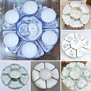 Set hoa mai sứ họa tiết thủy tiên xanh 45cm - Bộ bát đĩa hoa mặt trời thờ cúng, giảm còn 350.000 VND
