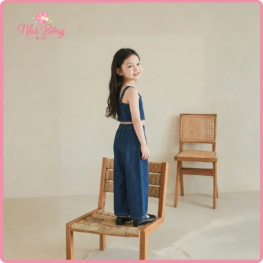 Set Jean Bé Gái Áo Hai Dây Quần Ống Suông Lưng Thun Chất Mềm Mịn Co Giãn 239.000₫